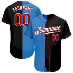 Custom Black Red-Powder Blue Authentic Split Fashion Baseball Jersey