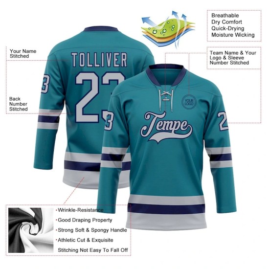 Custom Teal Gray-Navy Hockey Lace Neck Jersey Custom Teal Gray-Navy Hockey Lace Neck Jersey