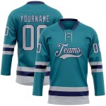 Custom Teal Gray-Navy Hockey Lace Neck Jersey Custom Teal Gray-Navy Hockey Lace Neck Jersey