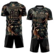 Custom Black Old Gold Tiger And Peacock Sublimation Soccer Uniform Jersey Custom Black Old Gold Tiger And Peacock Sublimation Soccer Uniform Jersey
