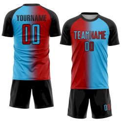 Custom Sky Blue Red-Black Sublimation Gradient Fashion Soccer Uniform Jersey