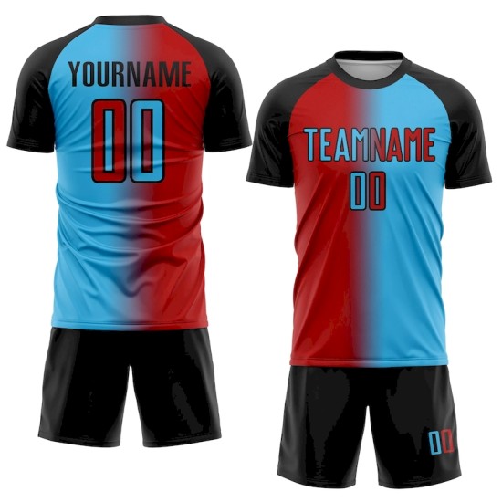 Custom Sky Blue Red-Black Sublimation Gradient Fashion Soccer Uniform Jersey Custom Sky Blue Red-Black Sublimation Gradient Fashion Soccer Uniform Jersey