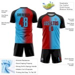 Custom Sky Blue Red-Black Sublimation Gradient Fashion Soccer Uniform Jersey Custom Sky Blue Red-Black Sublimation Gradient Fashion Soccer Uniform Jersey