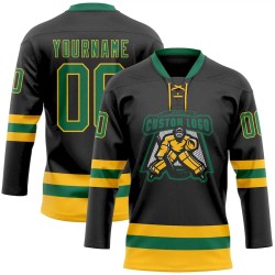 Custom Black Kelly Green-Gold Hockey Lace Neck Jersey Custom Black Kelly Green-Gold Hockey Lace Neck Jersey