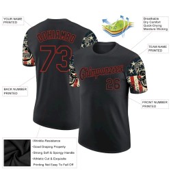 Custom Black Red 3D Skull With American Flag Performance T-Shirt