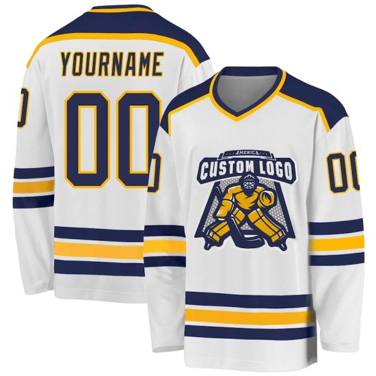 Custom White Navy-Gold Hockey Jersey Custom White Navy-Gold Hockey Jersey