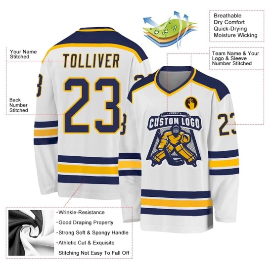 Custom White Navy-Gold Hockey Jersey Custom White Navy-Gold Hockey Jersey
