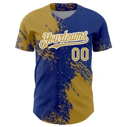 Custom Old Gold Royal-White 3D Pattern Design Abstract Brush Stroke Authentic Baseball Jersey Custom Old Gold Royal-White 3D Pattern Design Abstract Brush Stroke Authentic Baseball Jersey