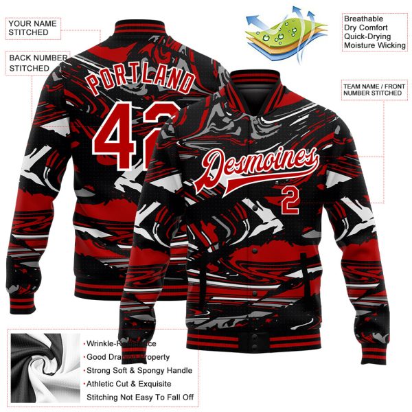 Custom Figure Red-Black 3D Pattern Design Bomber Full-Snap Varsity Letterman Jacket - Image 3