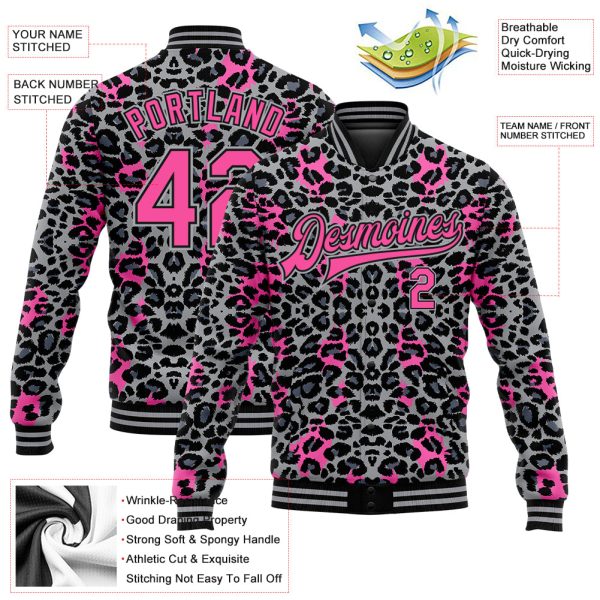 Custom Gray Pink-Black Leopard Print 3D Pattern Design Bomber Full-Snap Varsity Letterman Jacket - Image 3